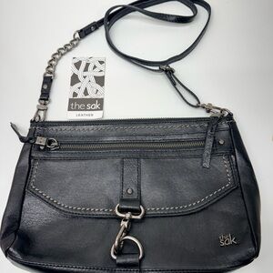 The Sak Ventura Black Leather Chain-Accent Crossbody Bag
